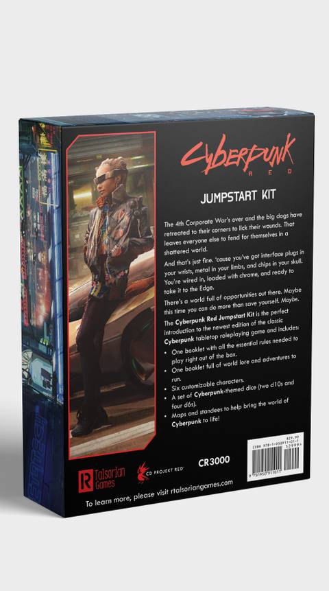 Rear box art for R. Talsorian Games’ Cyberpunk Red Jumpstart Kit, a boxed version of the upcoming Cyberpunk Red tabletop role-playing game. Due out at Gen Con 2019.