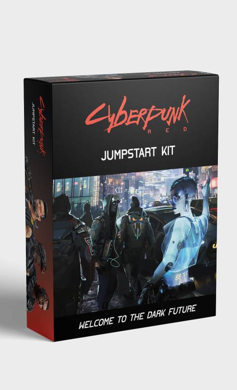 Cover art for R. Talsorian Games’ Cyberpunk Red Jumpstart Kit, a boxed version of the upcoming Cyberpunk Red tabletop role-playing game. Due out at Gen Con 2019.