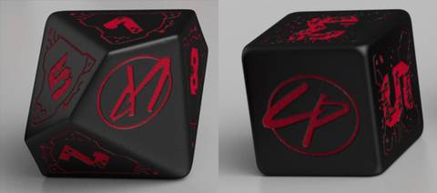 Custom dice for R. Talsorian Games’ Cyberpunk Red Jumpstart Kit, a boxed version of the upcoming Cyberpunk Red tabletop role-playing game. Due out at Gen Con 2019.