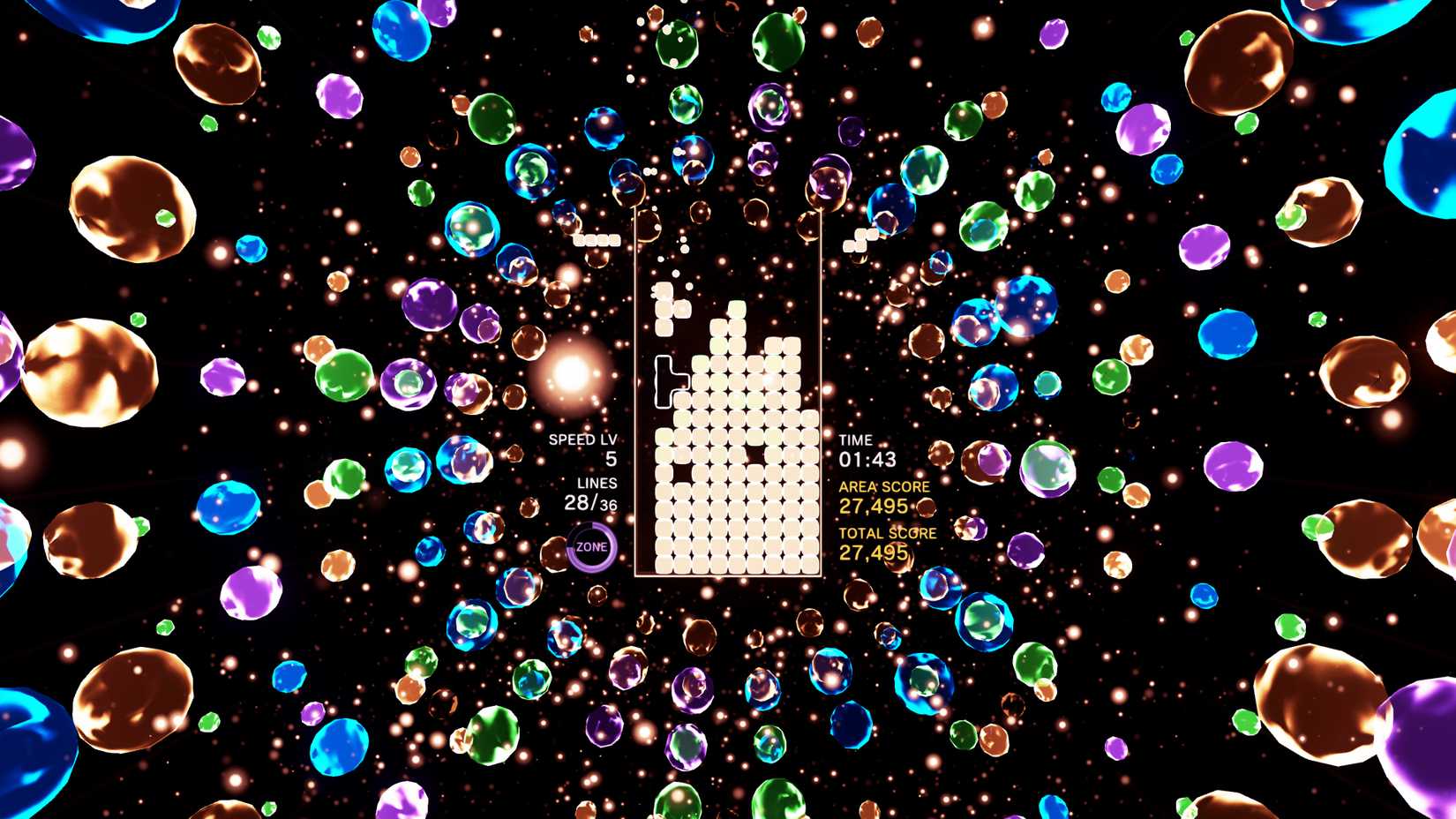 A T-shaped piece falls onto a bright puzzle field in a screenshot from Tetris Effect