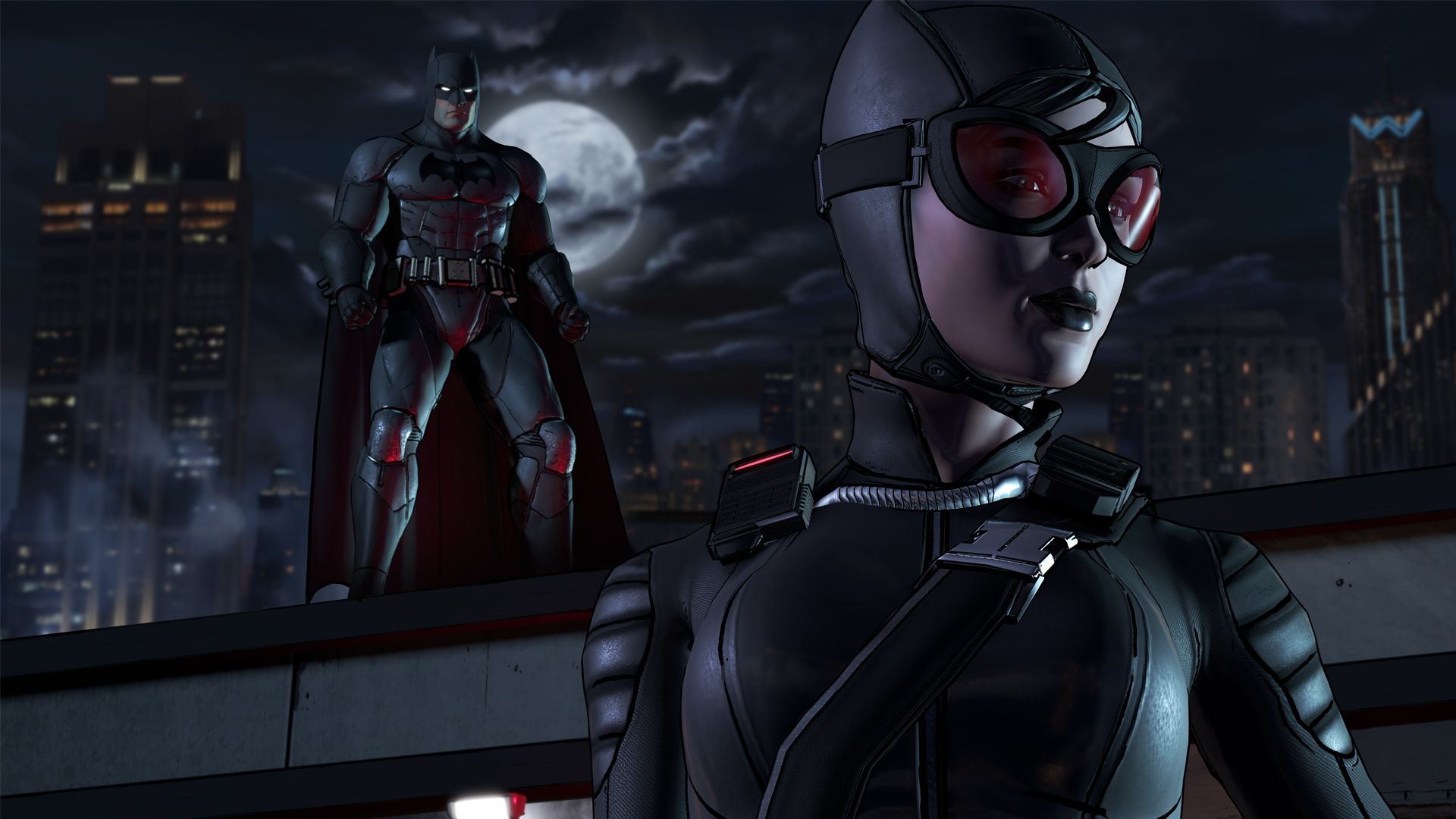 Batman standing on a ledge in the background behind Catwoman at night, in Telltale’s Batman