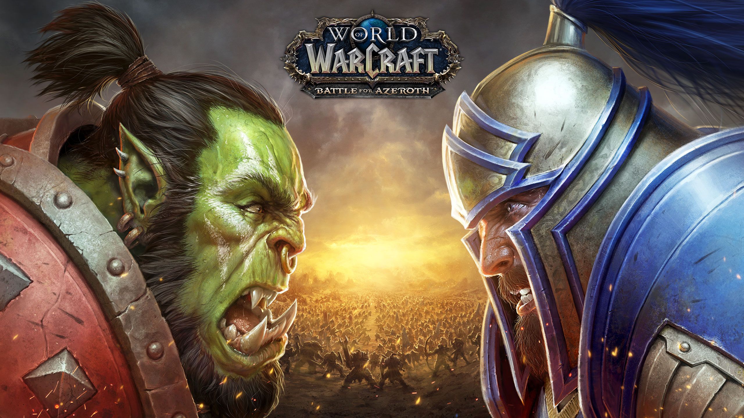 Two World of Warcraft characters, one Horde and one Alliance, star at each other, snarling.