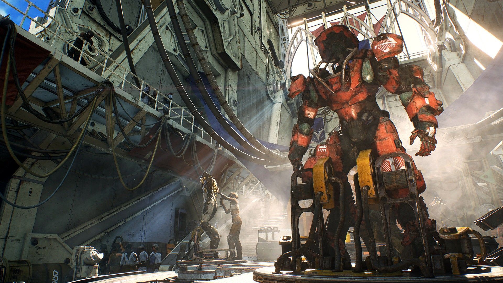 a hangar with a giant mech in Anthem