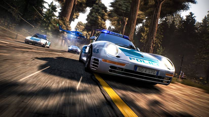a street racer in a souped-up sports car roars into the frame, trailed by two cop cars in ... wait for it ... hot pursuit