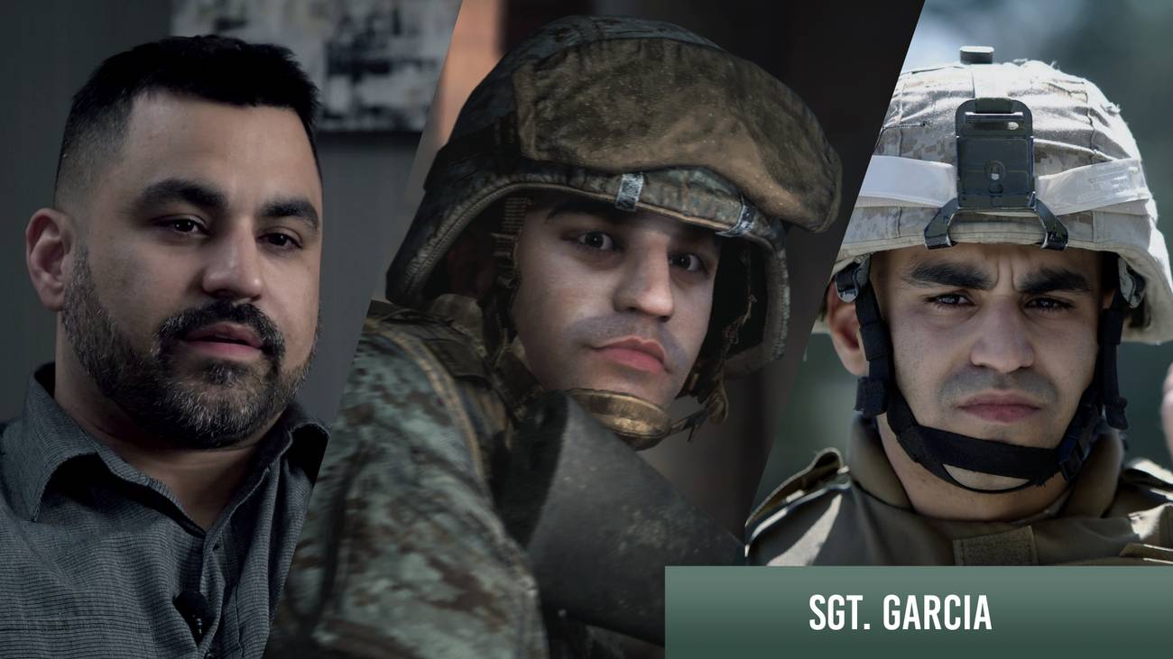 The face of Eddie Garcia looks at the camera, rendered three times in Six Days in Fallujah