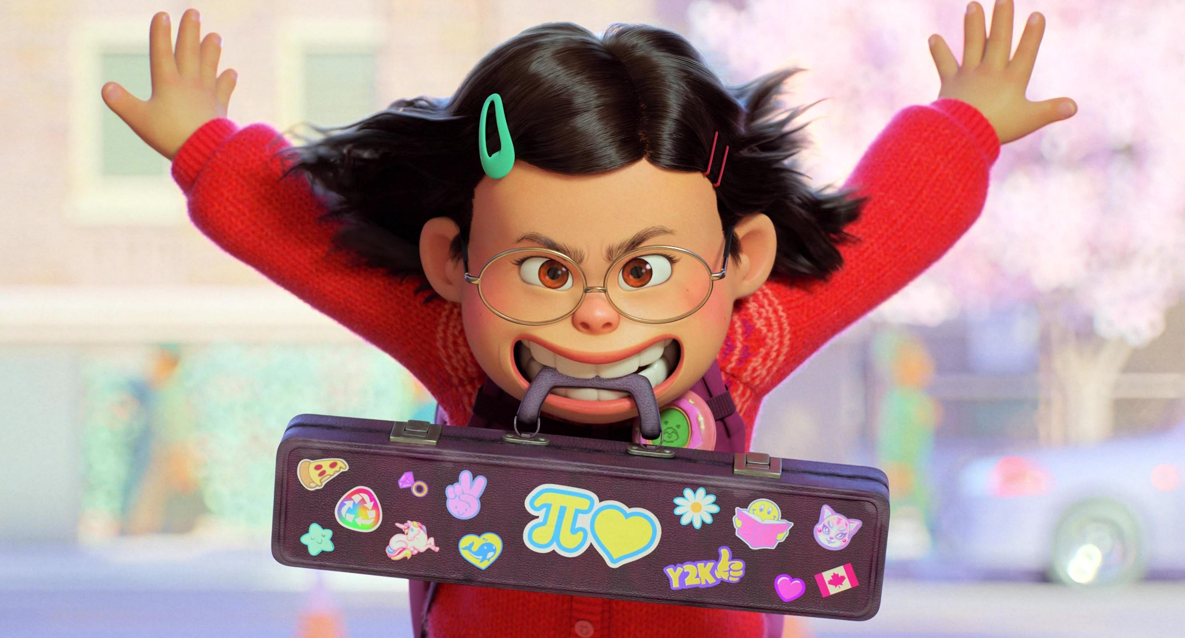 Mei with her flute case between her teeth, a determined expression on her face