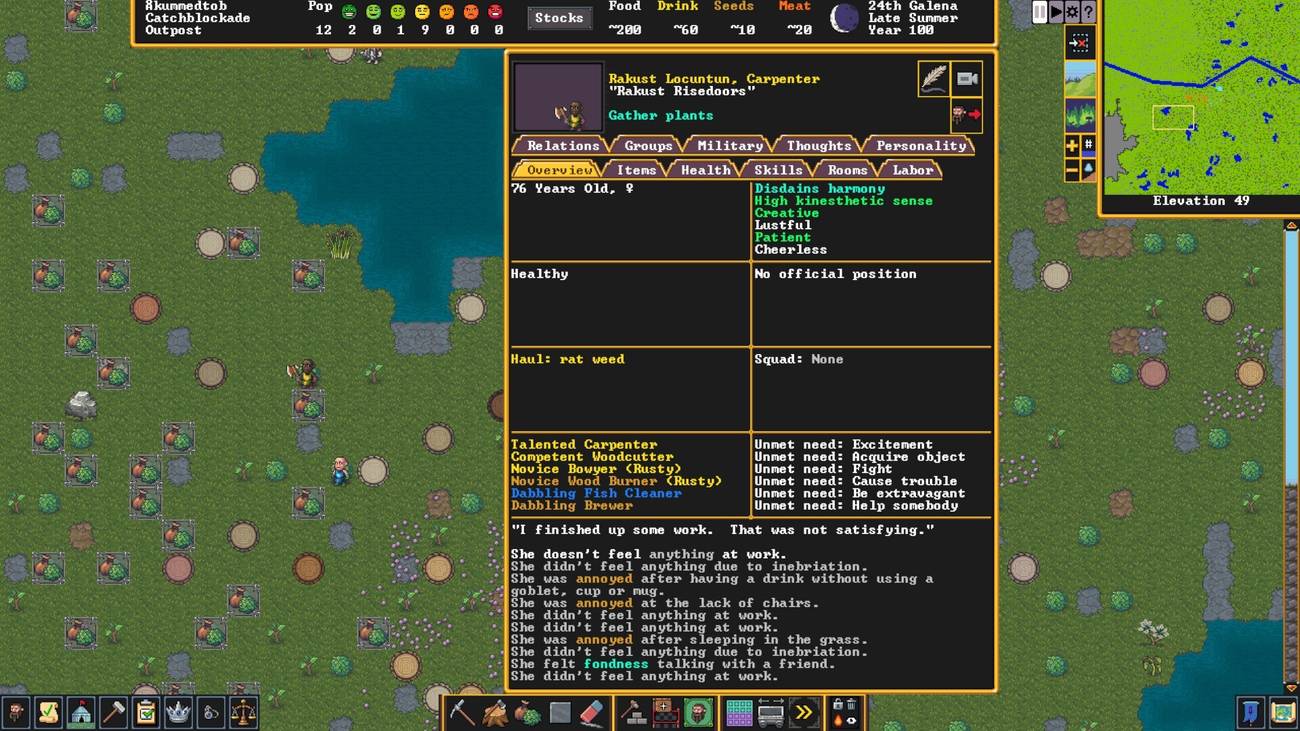 A Master Carpenter dwarf is in the field in Dwarf Fortress on Steam - her character card describes her unsatisfying work life