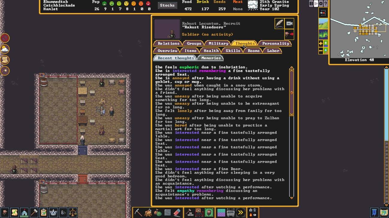 A Thought Log of a Master Carpenter dwarf in Dwarf Fortress on Steam, outlining how her alcoholism and apathy have stopped her from caring about anything