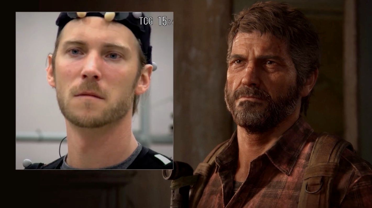 Troy Baker in a motion capture suit performing an emotional scene as Joel in Last of Us Part 1