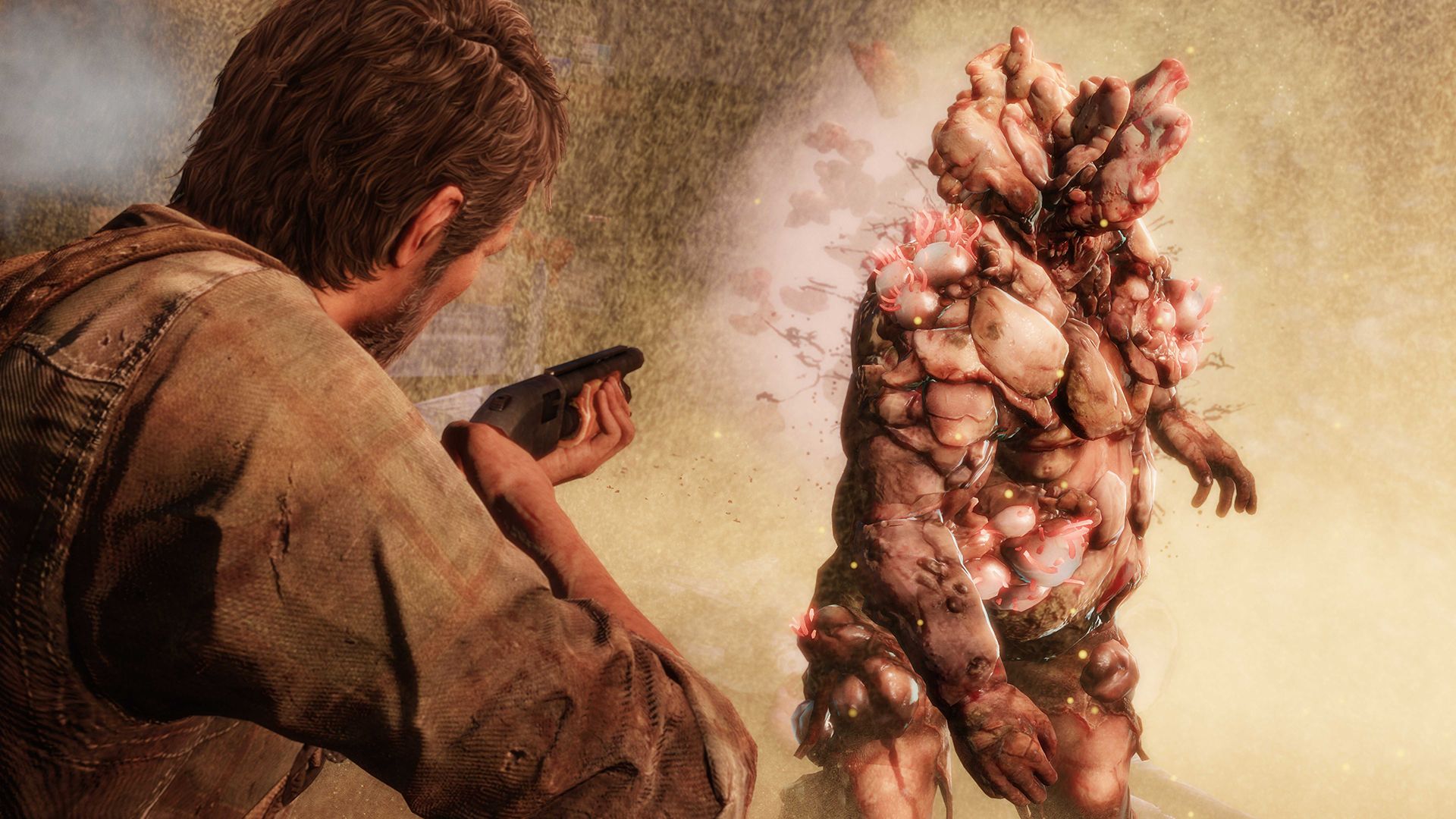 Joel aims his shotgun at a fungus zombie in The Last of Us Remastered on PS4