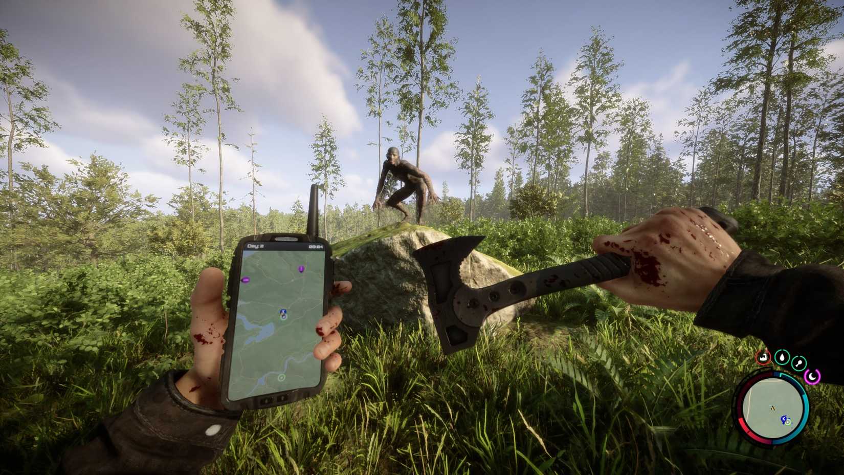 A stranded helicopter crash survivor holds an ax and a GPS map while staring at a cannibal perched on a rock in a field in Sons of the Forest.