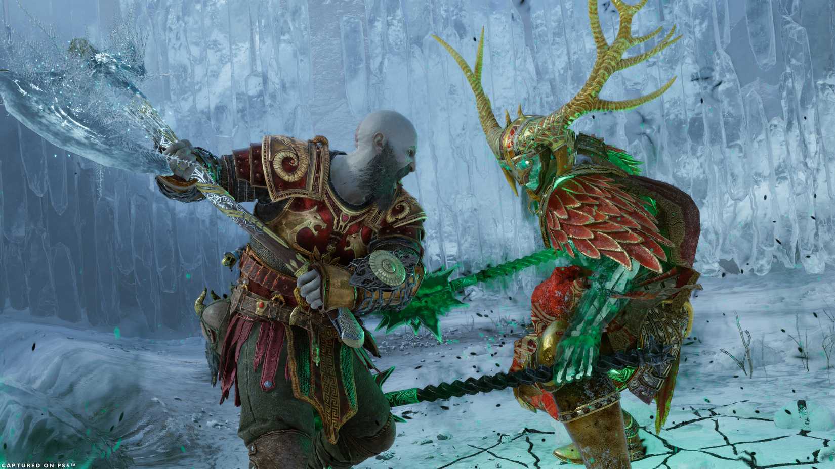 An image of Kratos fighting the Berserker Soul in God of War Ragnarok. He is pulling his ice ax back for an attack against the armored and glowing green monster. 