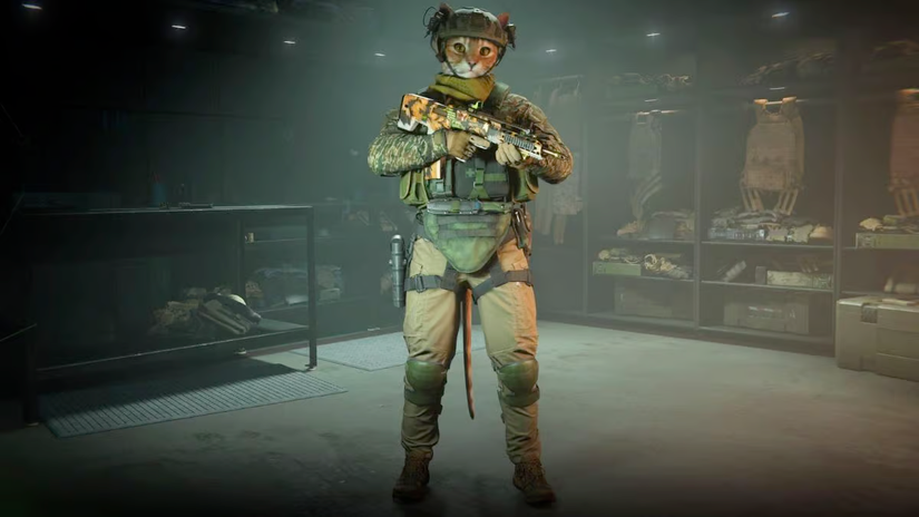 An operator disguised as an orange cat with an assault rifle in Call of Duty: Modern Warfare 2