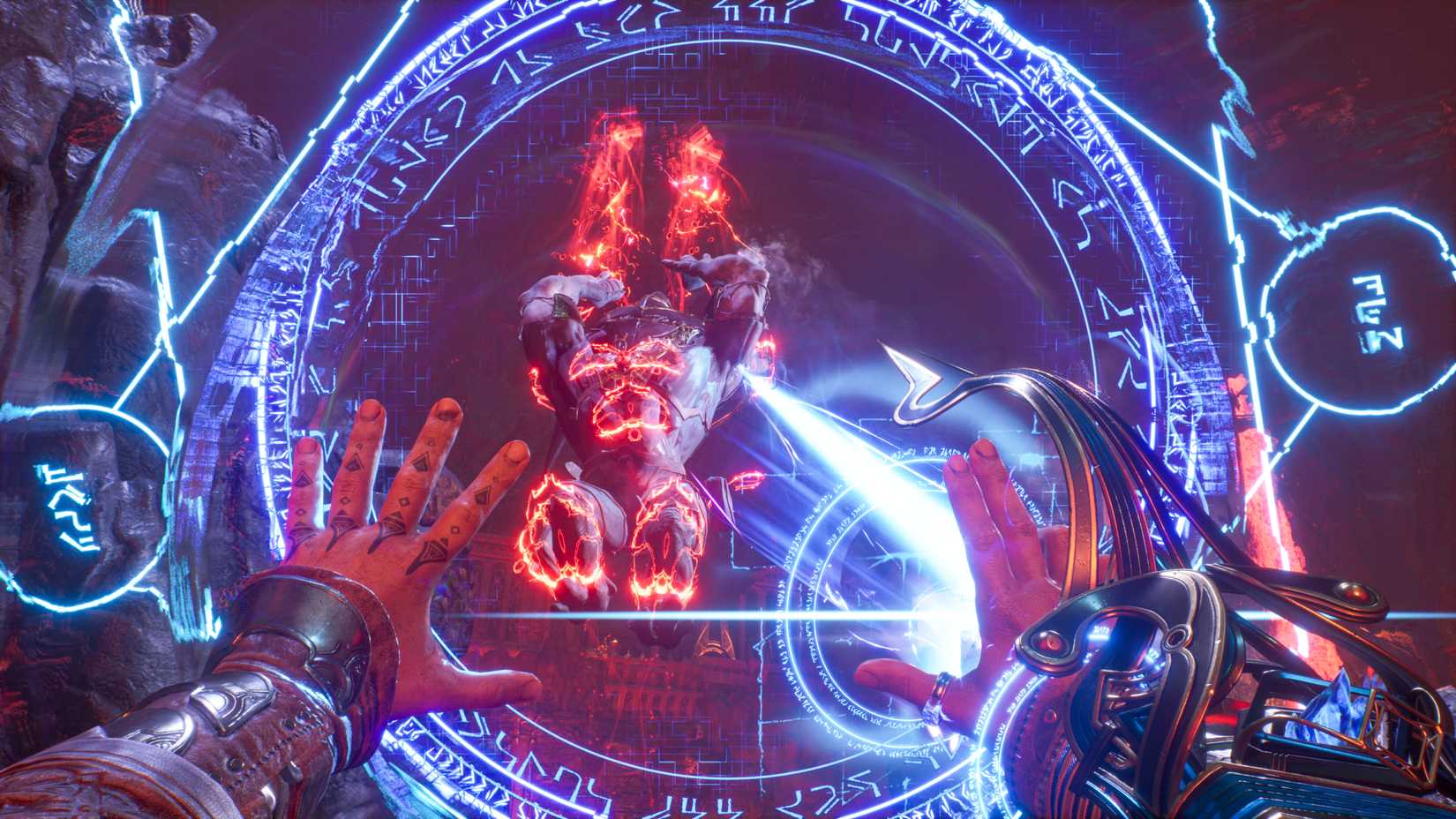 An Immortals of Aveum screenshot shows the player using both of their hands to generate a magical blue attack