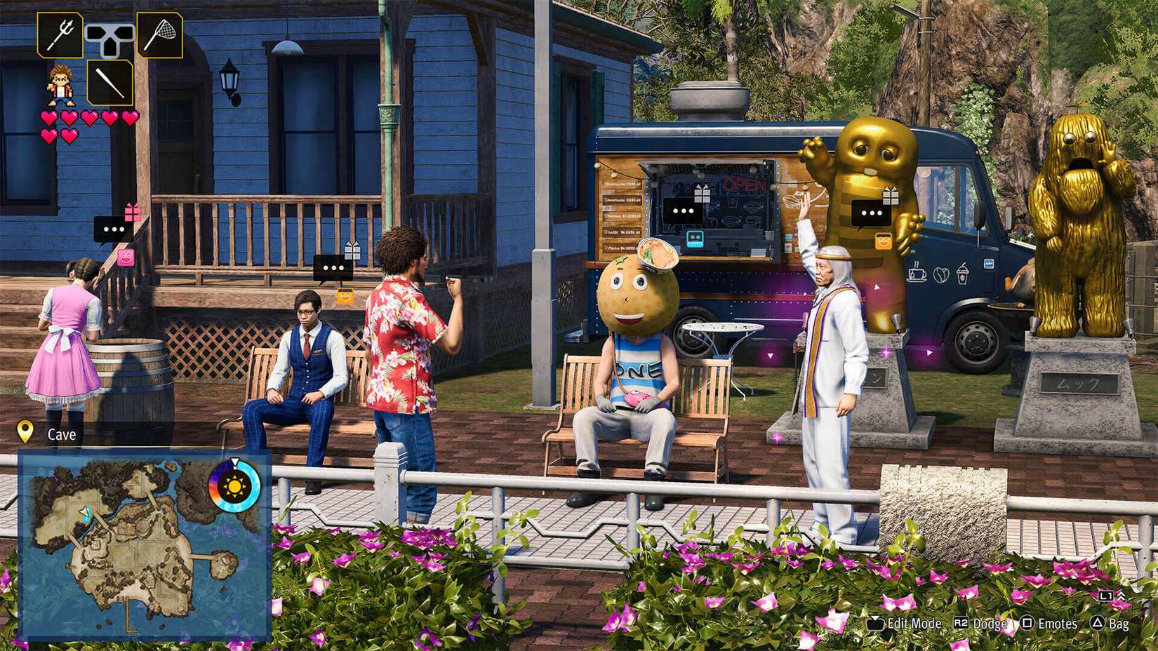 Ichiban Kasuga greets visitors on Dondoko Island, including a man with a literal melon head, in Like a Dragon: Infinite Wealth