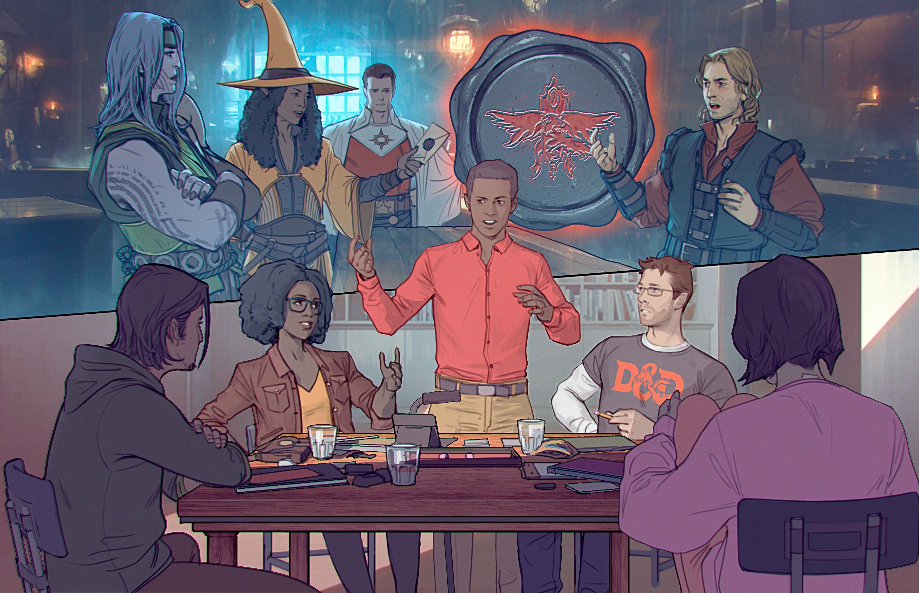Five role-players sit around a tabletop as their party of adventurers are imagined in the space above them in an illustration from the 2024 edition of the Dungeons & Dragons Player’s Handbook.